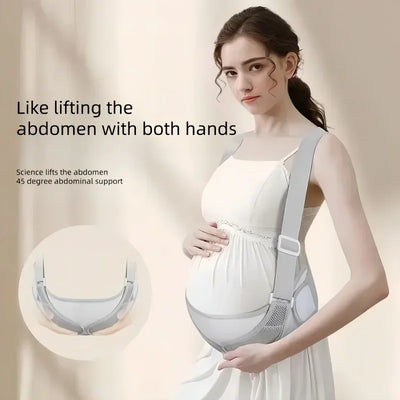 Pregnant woman wearing breathable abdominal protector for comfort and support
