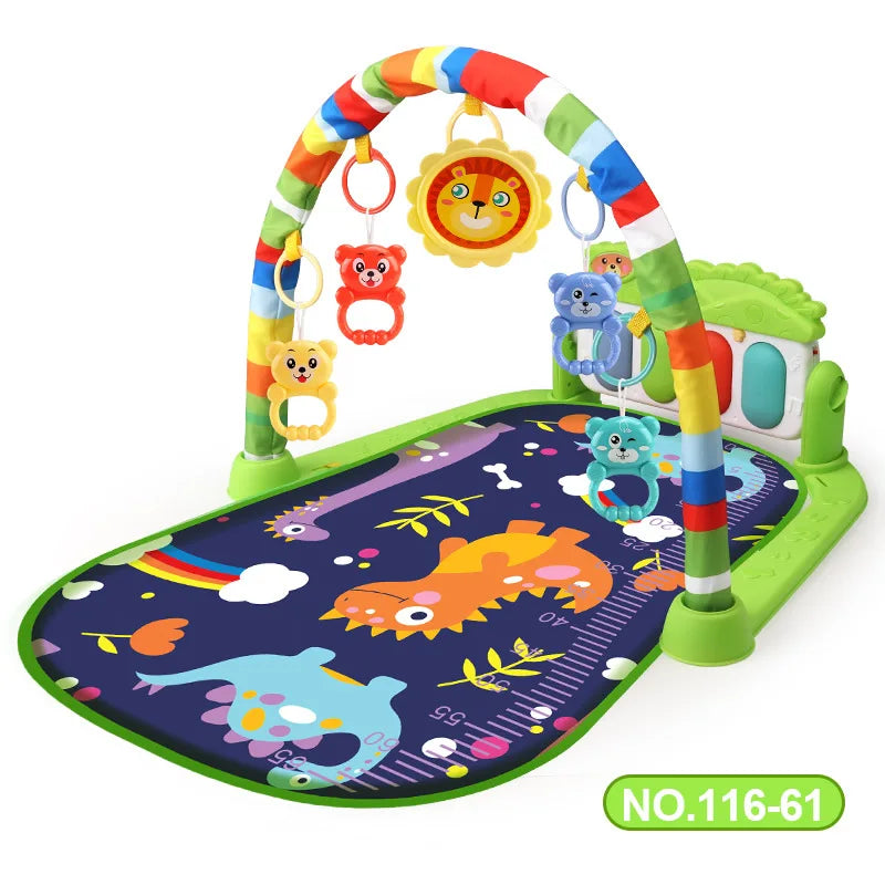 Colorful baby gym play mat with musical features and bright toys that stimulate sensory development.